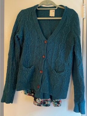 Anthropologie Teal Cable Knit V-Neck Cardigan